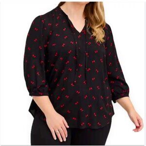 Torrid Red Bow Print Peasant Black Blouse Top Shirt 3/4 Sleeve